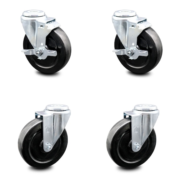 5 Inch Hard Rubber Wheel Swivel Bolt Hole Caster Set with 2 Brake